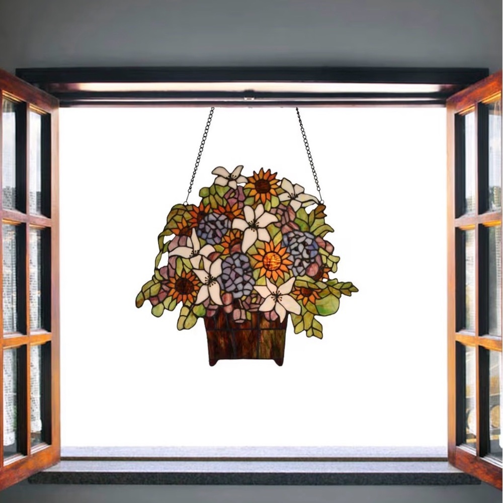 ▫️Stained Glass Floral Basket Window Art